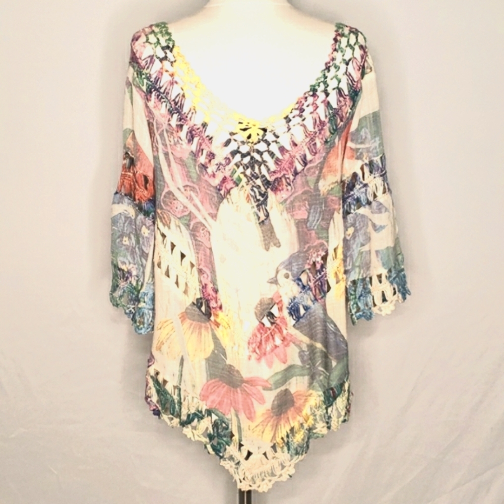 Anthropologie Dor Dor Couture Crochet Rainbow Print Tunic Top Size S - Picture 4 of 6